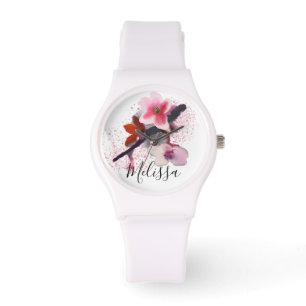 Custom Name   Elegant Chic Pink Cherry Blossom Watch