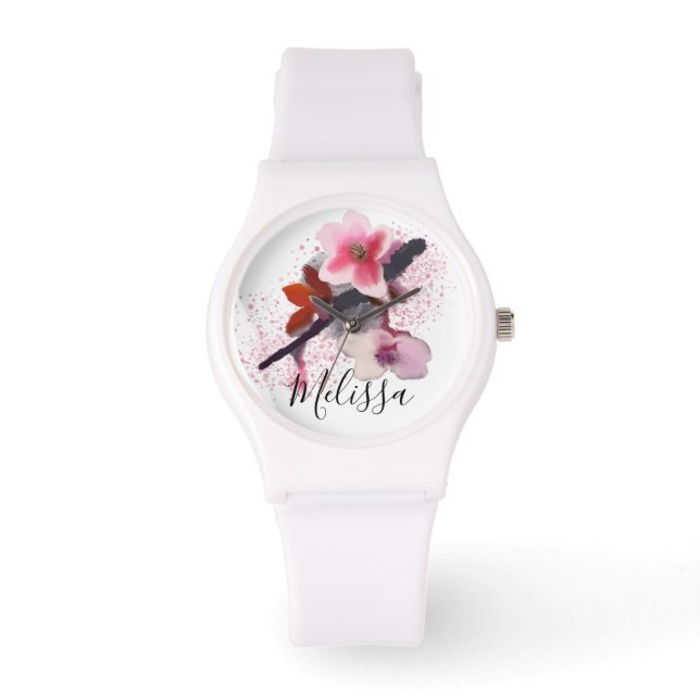Custom Name | Elegant Chic Pink Cherry Blossom Watch (Front)