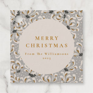 Custom Name Elegant Gold Grey Floral Christmas Favour Tags