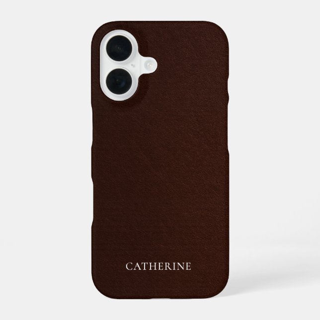 Custom Name Elegant Mahogany Faux Leather iPhone 16 Case (Back)