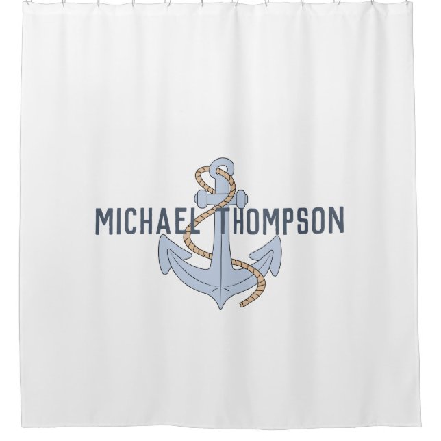 Custom name Elegant minimalist Anchor white blue Shower Curtain (Front)