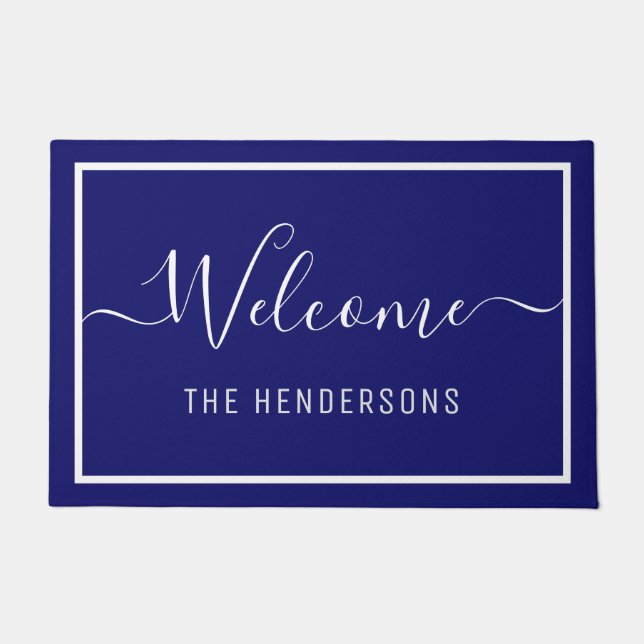 Custom Name Elegant Script Welcome Navy Blue Doormat (Front)