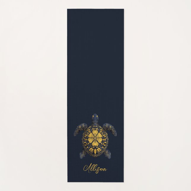 Custom Name Elegant Turtle with Gold Floral Shell  Yoga Mat (Front)