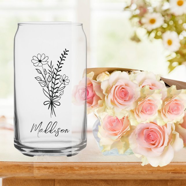Custom name, Elegant typography flower bunch Can Glass (Creator Uploaded)