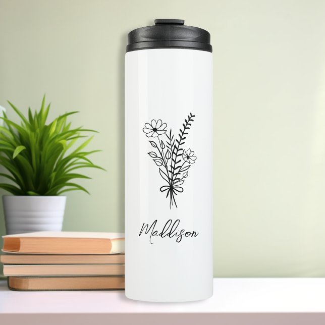 Custom name, Elegant typography flower bunch Thermal Tumbler (Custom name, Elegant typography flower bunch Thermal Tumbler Travel mug in minimalist style for her)