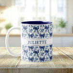 Custom Name Elegant Vintage Floral Blue Bows Two-Tone Coffee Mug<br><div class="desc">Sip pretty! This elegant mug features vintage florals and dainty blue bows with your custom name,  perfect for a timeless,  personalised gift or daily tea and coffee.</div>