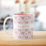 Custom Name Elegant Vintage Floral Blush Pink Bows Two-Tone Coffee Mug<br><div class="desc">Sip pretty! This elegant mug features vintage florals and dainty blush pink bows with your custom name,  perfect for a timeless,  personalised gift or daily tea and coffee.</div>