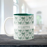 Custom Name Elegant Vintage Floral Green Bows Two-Tone Coffee Mug<br><div class="desc">Sip pretty! This elegant mug features vintage florals and dainty green bows with your custom name,  perfect for a timeless,  personalised gift or daily tea and coffee.</div>