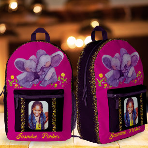 Custom Name Elephant Glitter Lefty Purple School  Printed Backpack