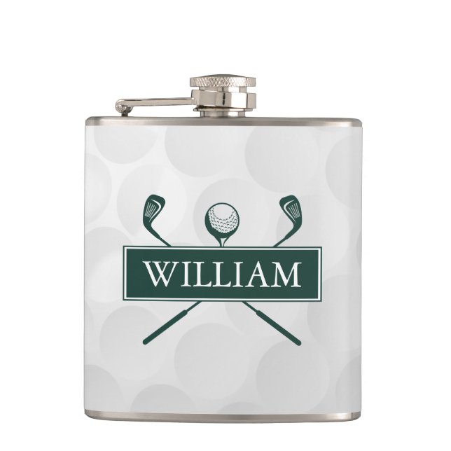Custom Name Emerald Green Clubs And Ball Hip Flask (Front)