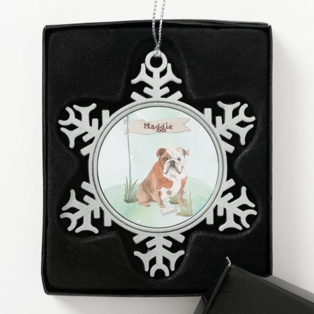 Custom Name English Bulldog Pet Dog Snowflake Pewter Christmas Ornament (Box)