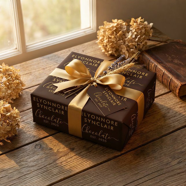 Custom Name Est Date Brown Gold Script Chocolate Wrapping Paper (Creator Uploaded)