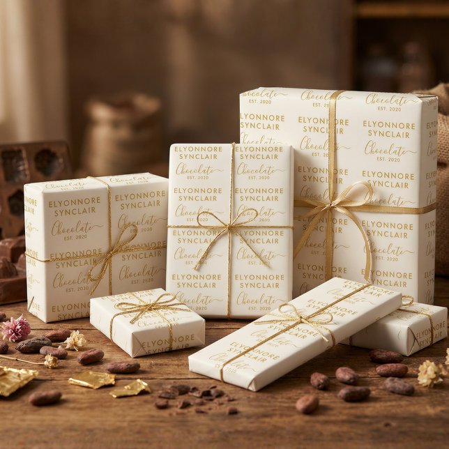 Custom Name Est Date Gold Ivory Chocolate Wrapping Paper (Creator Uploaded)