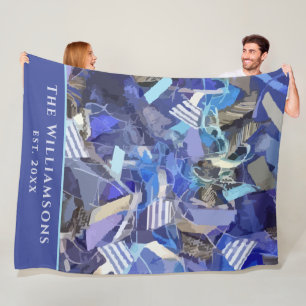 Custom Name Est. Year Blue Purple Abstract Stripes Fleece Blanket