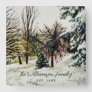 Custom Name Est. Year Watercolor Winter Nature Square Wall Clock