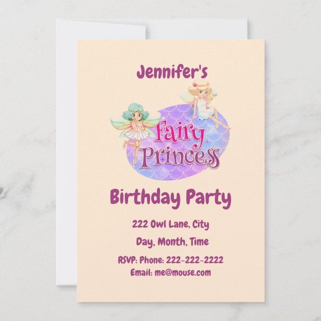 Custom Name Fairy Princess Birthday Party Invitation (Back)