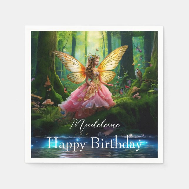 Custom Name Fairy Woodland Forest Happy Birthday Napkin (Front)