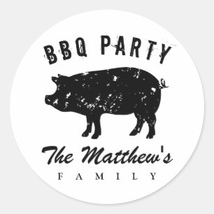 Custom name family reunion summer BBQ party pig Classic Round Sticker