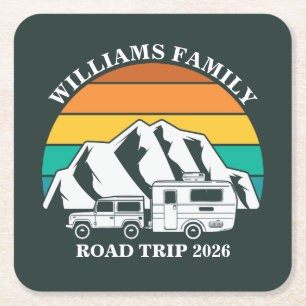 custom name family vacation mountain Road Trip Square Paper Coaster