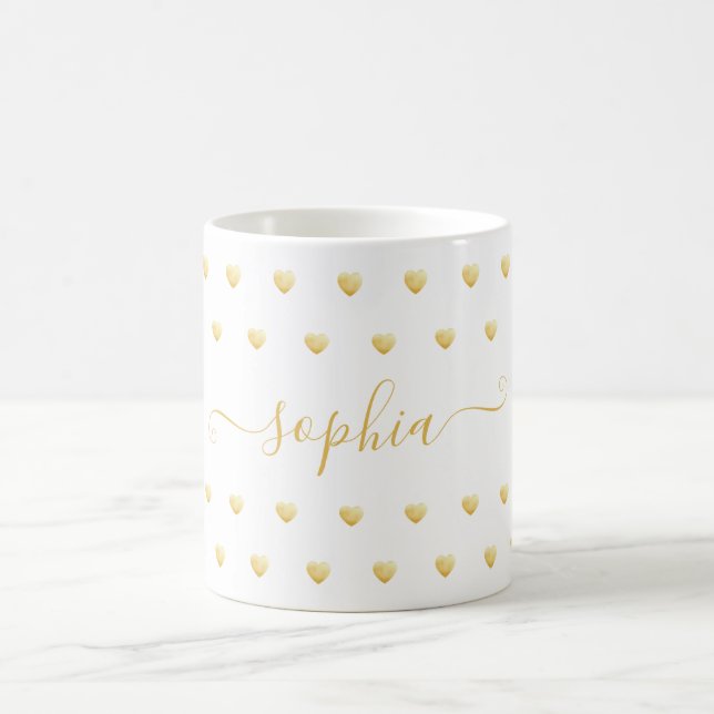 Custom Name Faux Gold Foil Heart Pattern on White Coffee Mug (Center)