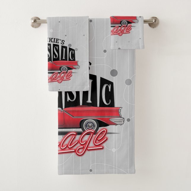 Custom NAME Faux Neon 1950's Classic Car Garage Bath Towel Set (Insitu)