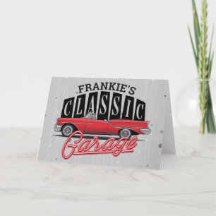 Custom NAME Faux Neon 1950's Classic Car Garage Card