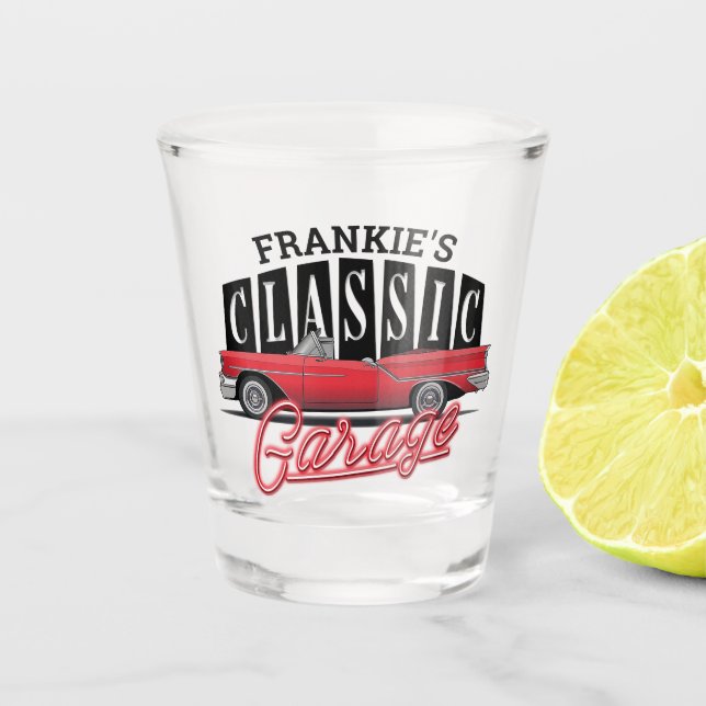 Custom NAME Faux Neon 1950's Classic Car Garage Shot Glass (Front)