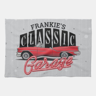 Custom NAME Faux Neon 1950's Classic Car Garage Tea Towel
