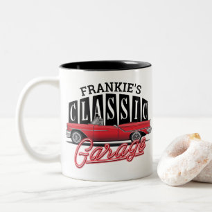Custom NAME Faux Neon 1950's Classic Car Garage Two-Tone Coffee Mug