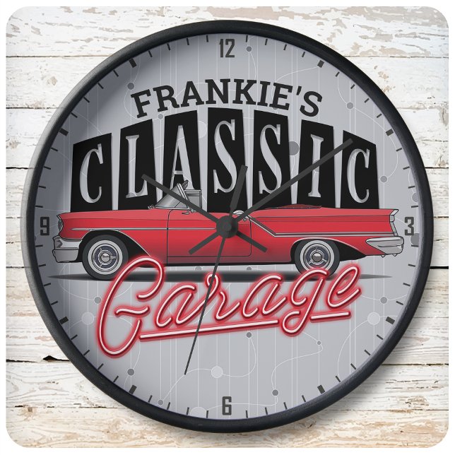Custom NAME Faux Neon Classic Car Dad's Garage Large Clock (Creator Uploaded)