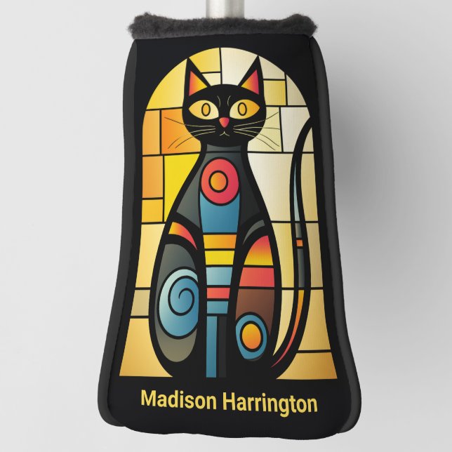 Custom Name Faux Stained Glass Cat Golf Head Cover (Rotate 90)