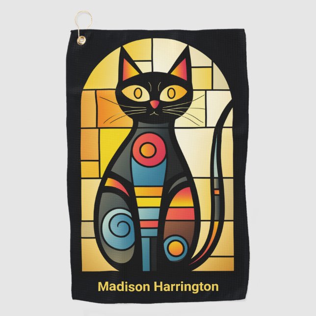 Custom Name Faux Stained Glass Cat Golf Towel (Front)