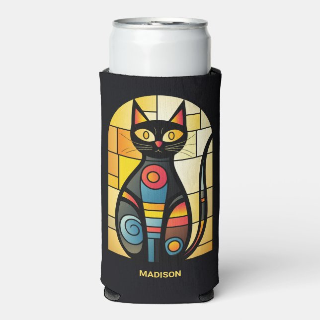 Custom Name Faux Stained Glass Cat Seltzer Can Cooler (Seltzer Front)