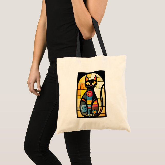 Custom Name Faux Stained Glass Cat Tote Bag (Front (Product))