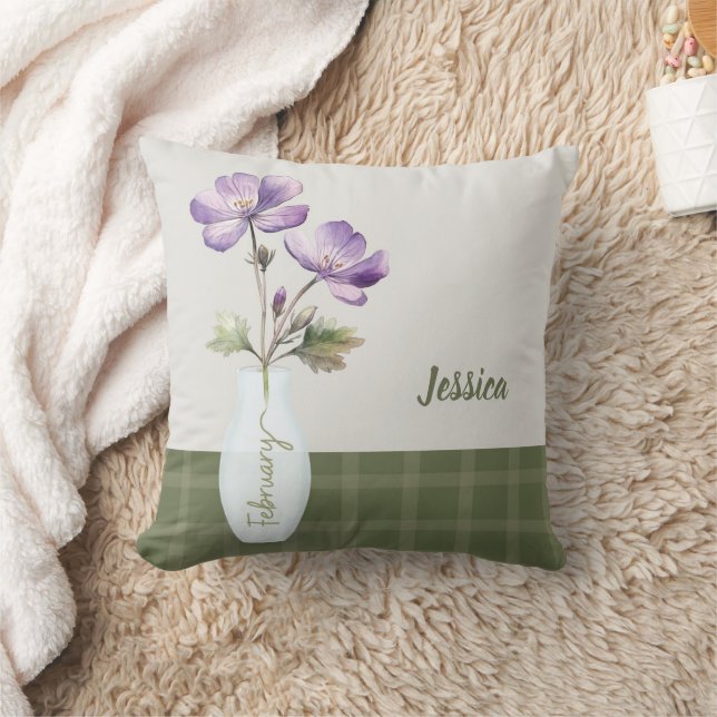 Custom Name February Birth Month Flower Violet Cushion (Blanket)