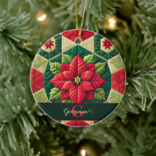 Custom Name Festive Floral Patchwork Poinsettia Ceramic Tree Decoration
