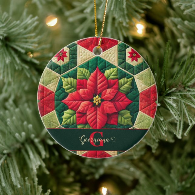 Custom Name Festive Floral Patchwork Poinsettia Ceramic Tree Decoration (Tree)