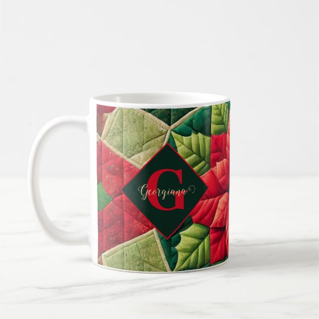 Custom Name Festive Floral Patchwork Poinsettia Coffee Mug (Left)