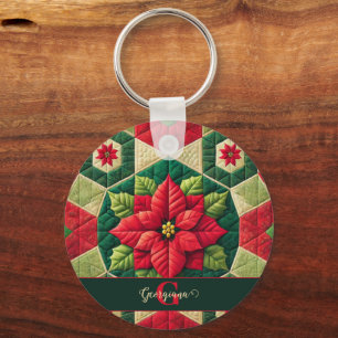 Custom Name Festive Floral Patchwork Poinsettia Key Ring