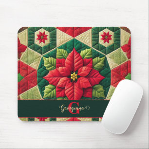 Custom Name Festive Floral Patchwork Poinsettia Mouse Mat