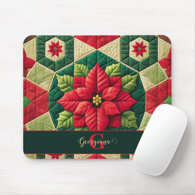 Custom Name Festive Floral Patchwork Poinsettia Mouse Mat (With Mouse)