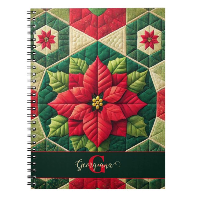 Custom Name Festive Floral Patchwork Poinsettia Notebook (Front)
