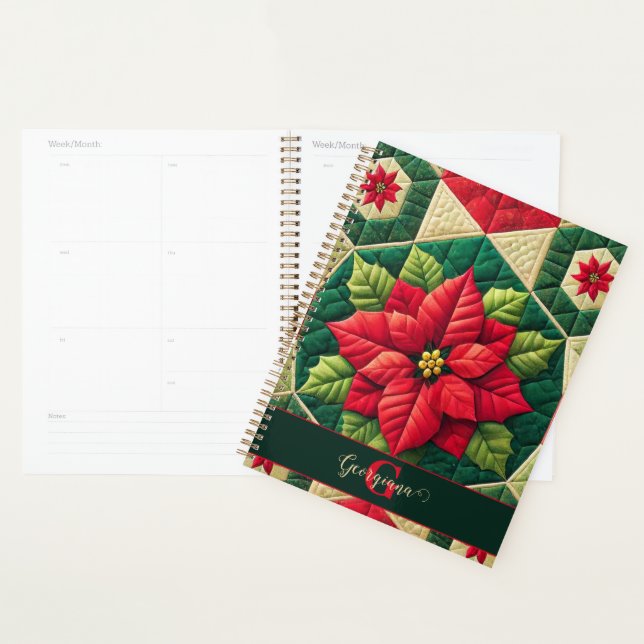 Custom Name Festive Floral Patchwork Poinsettia Planner (Display)