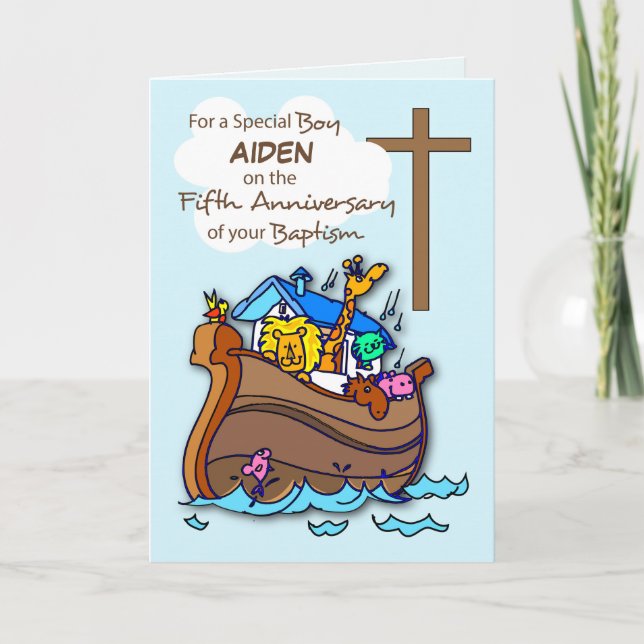 Custom Name Fifth Anniversary of Baptism Boy Ark Card (Front)