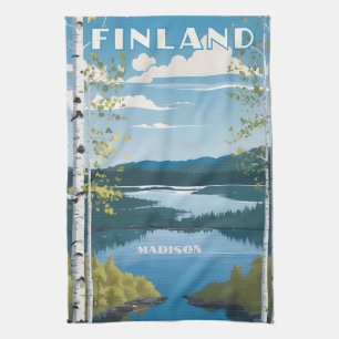 Custom Name Finland Nature Illustration Tea Towel