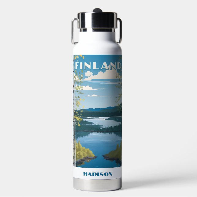 Custom Name Finland Nature Illustration Water Bottle (Front)