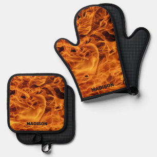 Custom Name Fire Flames Oven Mitt & Pot Holder Set