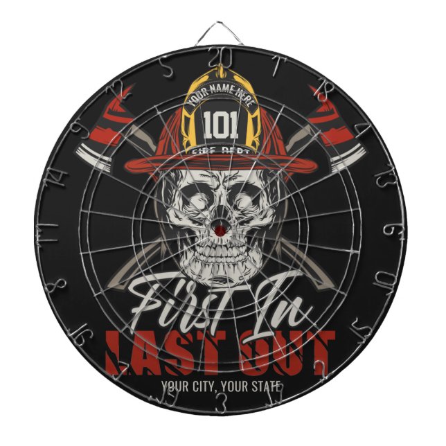 Custom NAME Firefighter First In Last Out Fireman  Dartboard (Front)