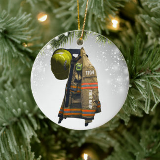 Custom name firefighter gift fire and rescue red c ceramic tree decoration