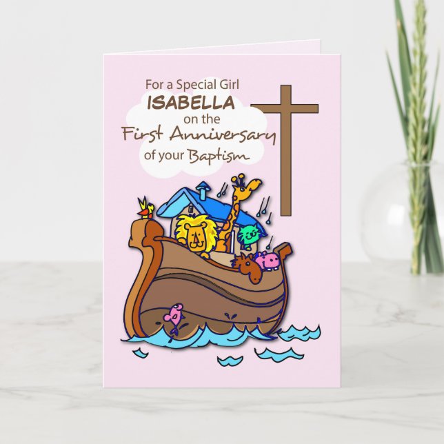 Custom Name First Anniversary of Baptism Girl Ark Card (Front)